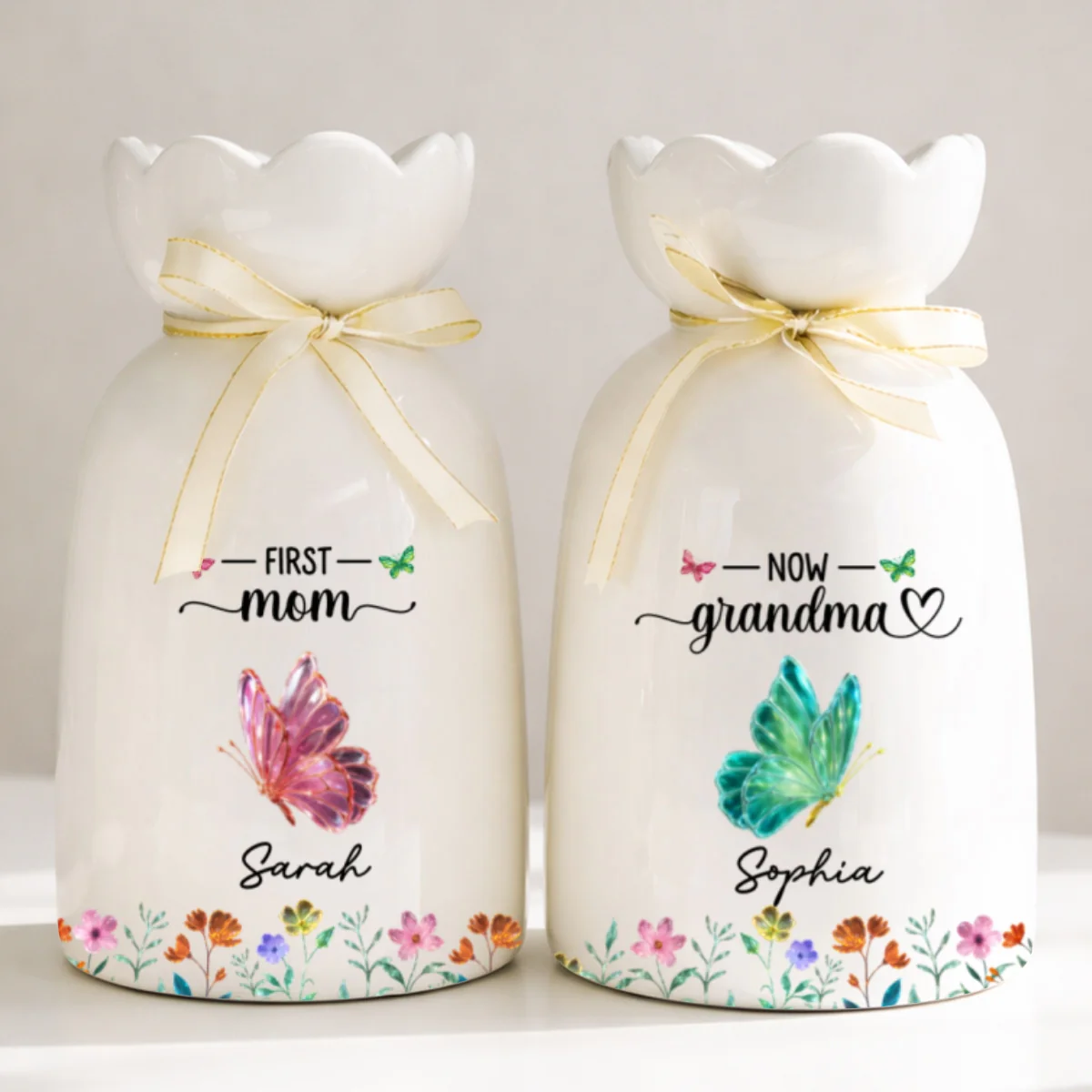 First Mom Now Grandma Lovely Butterflies - Personalized Custom Ribbon Tie Flower Vase - Image 6