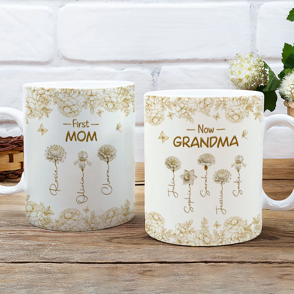 First Mom Now Grandma Of Lovely Flowers - Personalized Custom Coffee Mug - Image 2