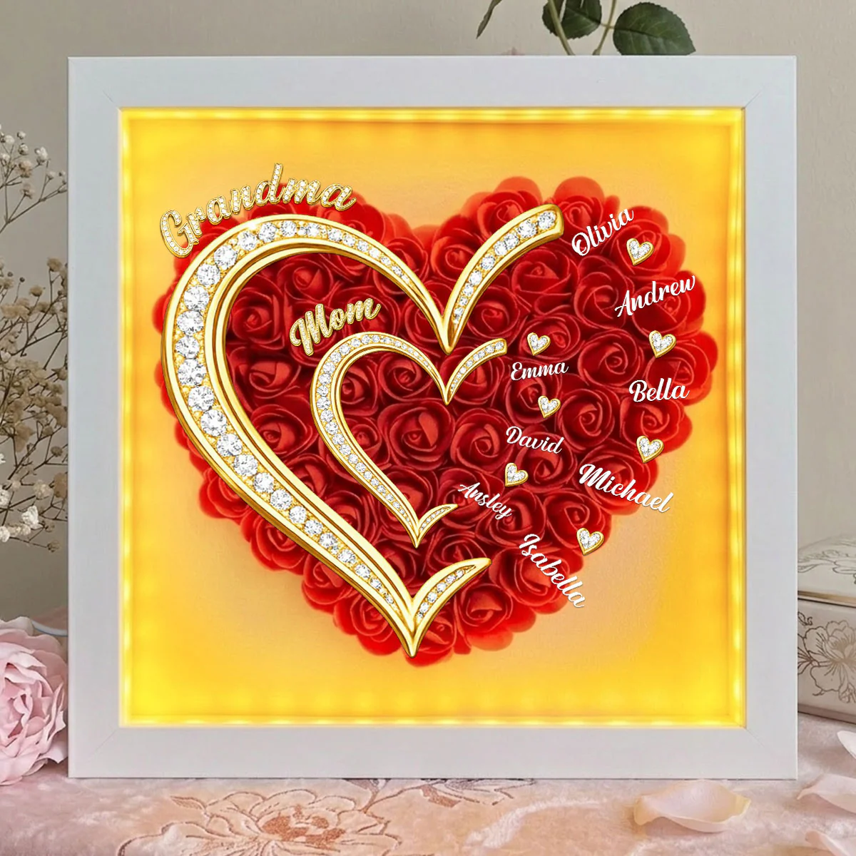 First Mom Now Grandma - Personalized Custom Flower Shadow Box With LED Light