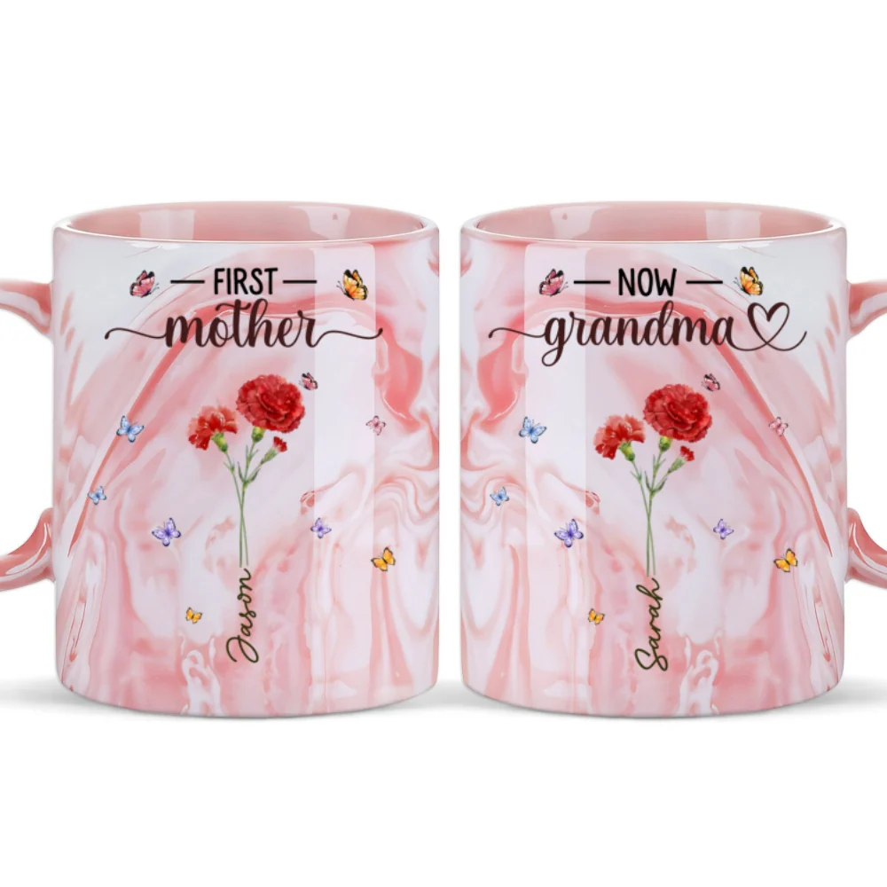 First Mom Now Grandma - Personalized Custom Pink Marble Mug - Image 5
