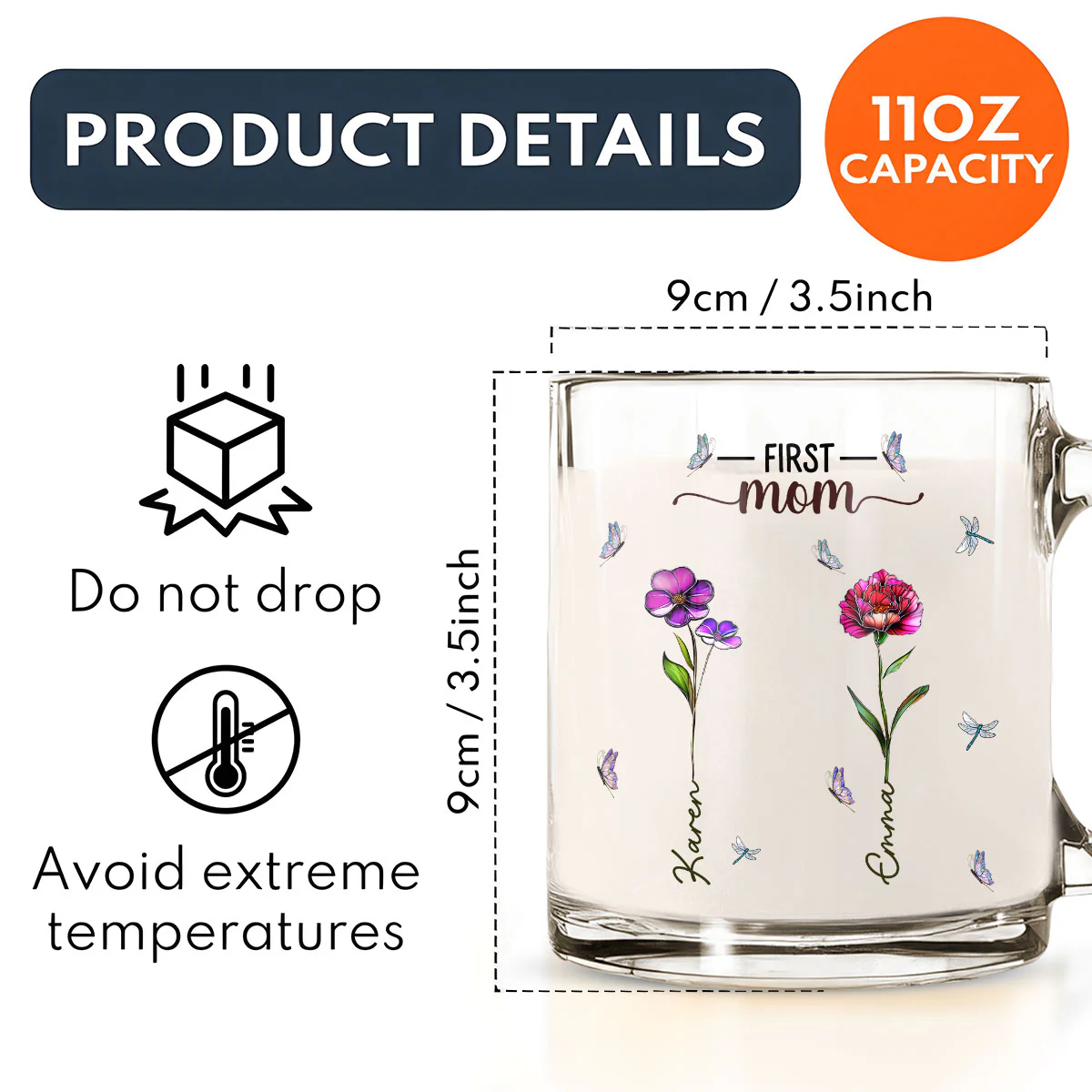 First Mom Now Nana Birthmonth Flower - Personalized Custom Glass Mug - Image 5