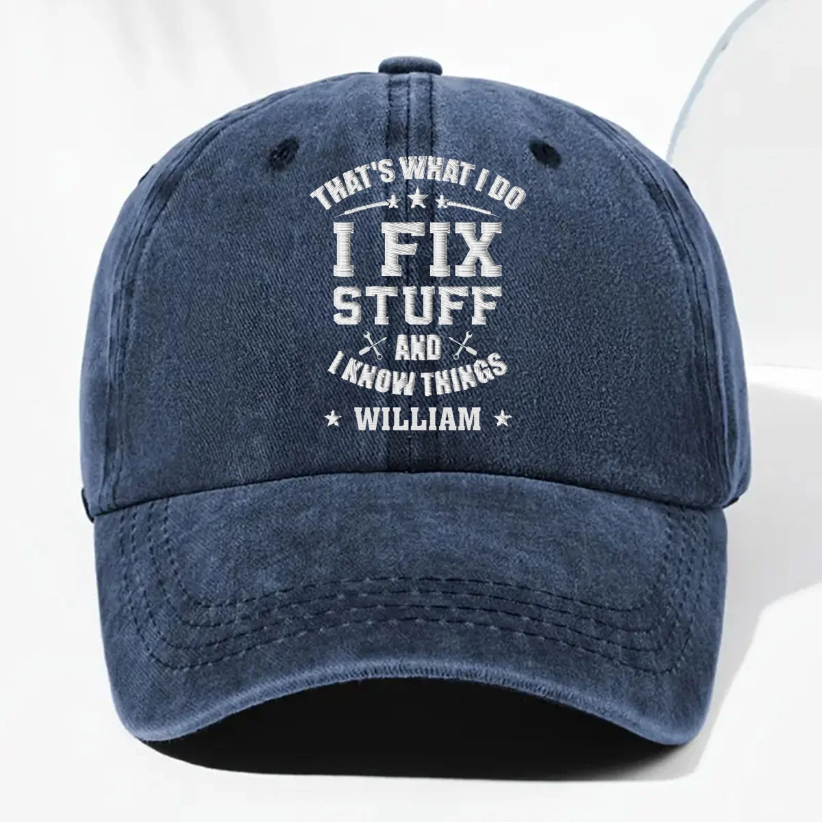 Fix Stuff And Know Things - Personalized Custom Vintage Washed Denim Cap - Image 10