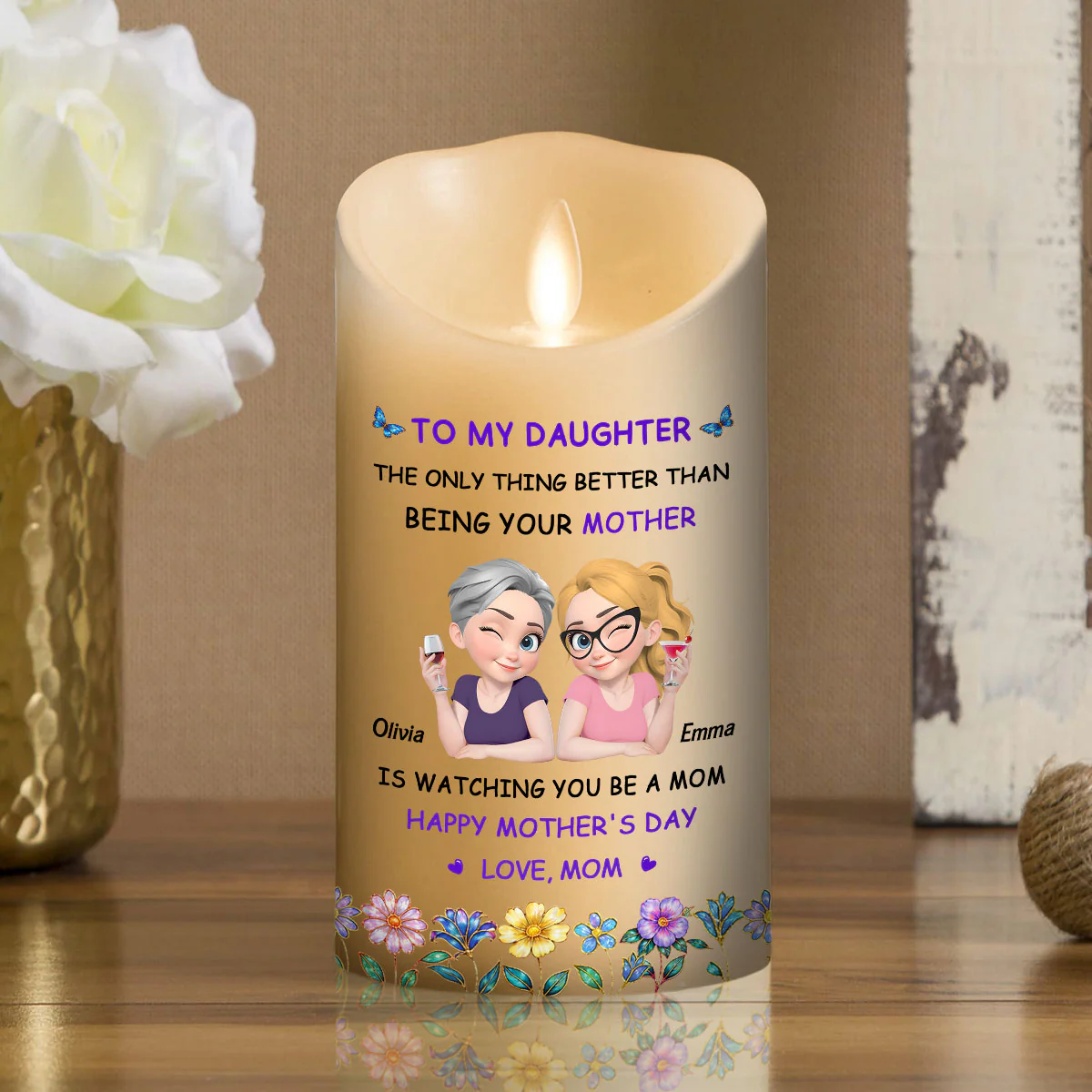 Floral Being Your Mom - Personalized Custom LED Candle - Image 2