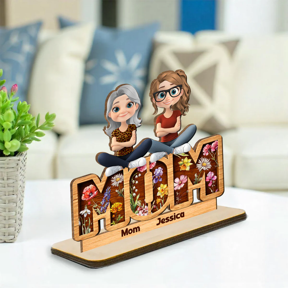 Floral Mom - Personalized Custom 2-Layer Wood Plaque With Flat Base - Image 2