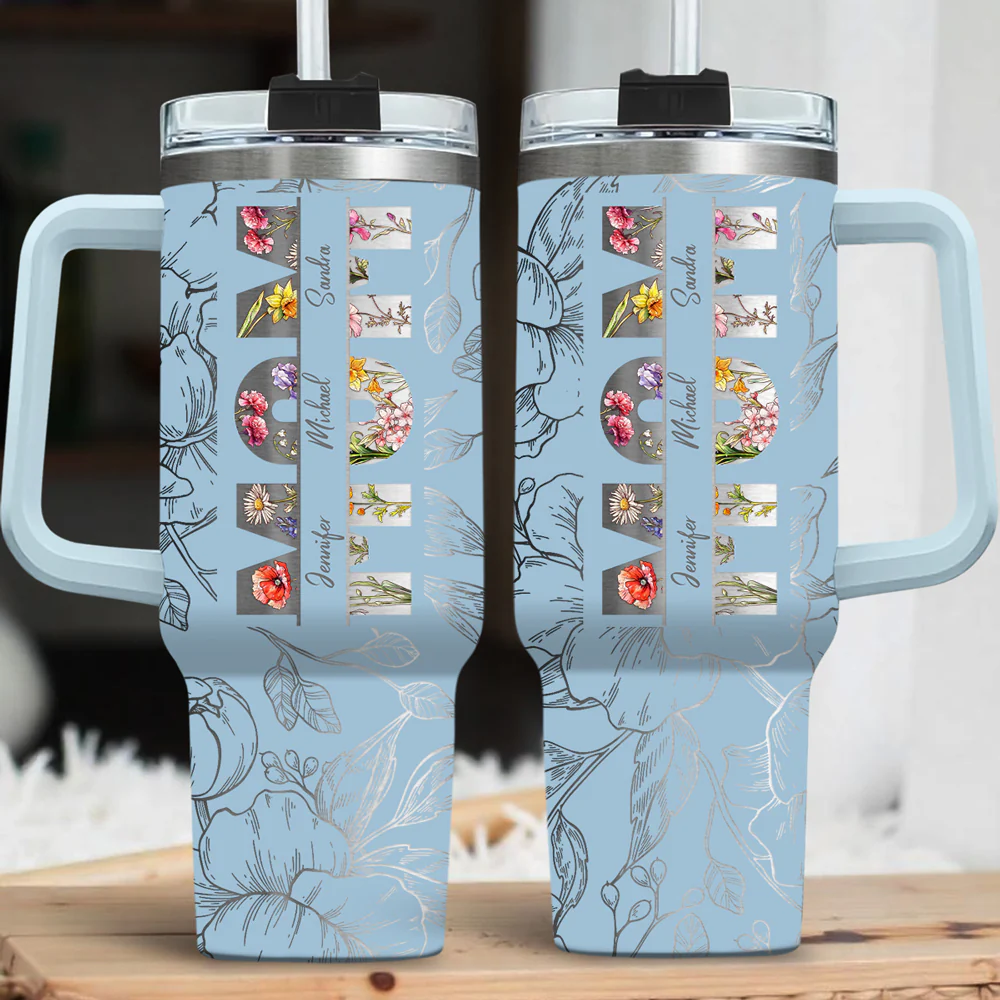 Floral Mom - Personalized Custom Engraved 40oz Tumbler With Handle - Image 3