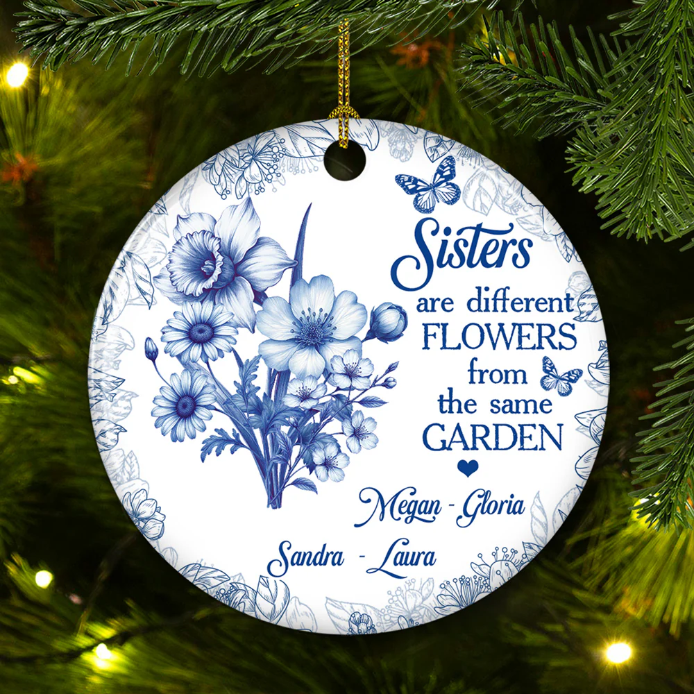 Floral Sisters Forever Blue Toile - Personalized Custom Ceramic Ornament