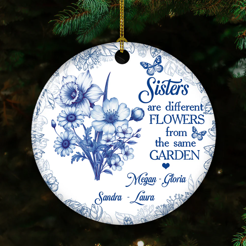 Floral Sisters Forever Blue Toile - Personalized Custom Ceramic Ornament - Image 2