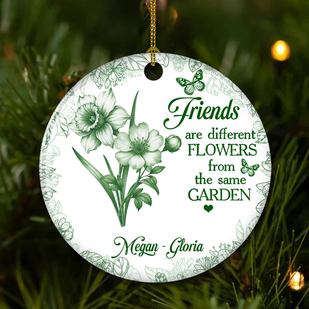 Floral Sisters Forever Blue Toile - Personalized Custom Ceramic Ornament - Image 3