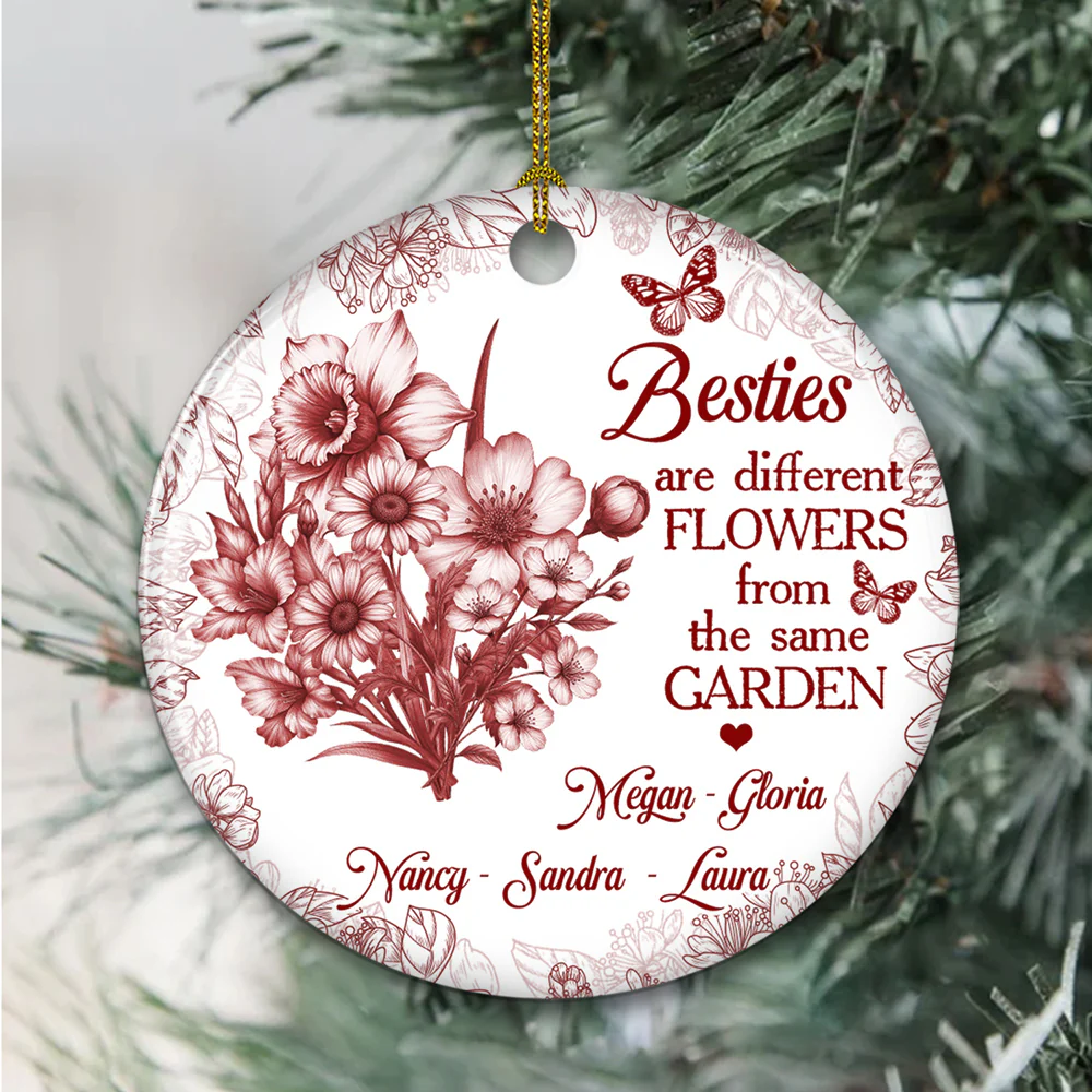 Floral Sisters Forever Blue Toile - Personalized Custom Ceramic Ornament - Image 5