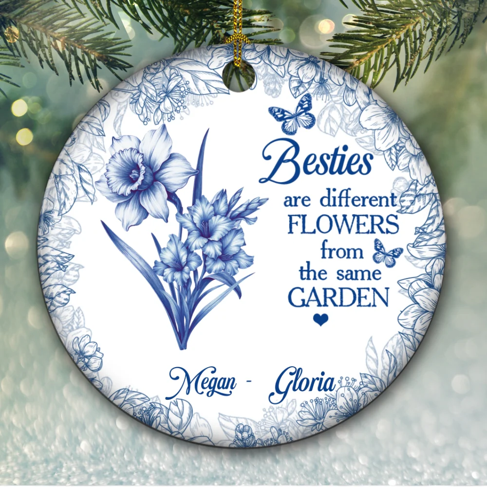 Floral Sisters Forever Blue Toile - Personalized Custom Ceramic Ornament - Image 6