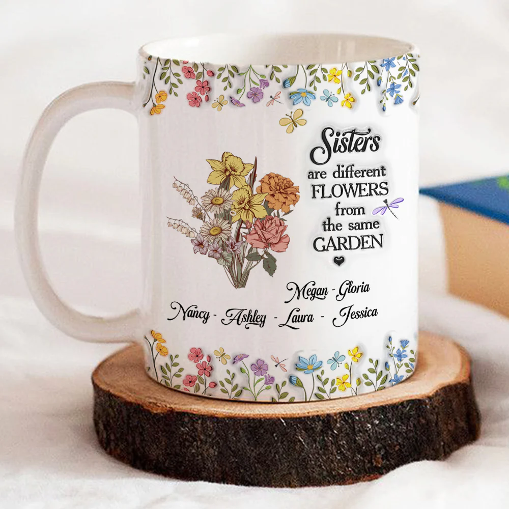 Floral Sisters Forever - Personalized Custom 3D Inflated Effect Coffee Mug - Image 2
