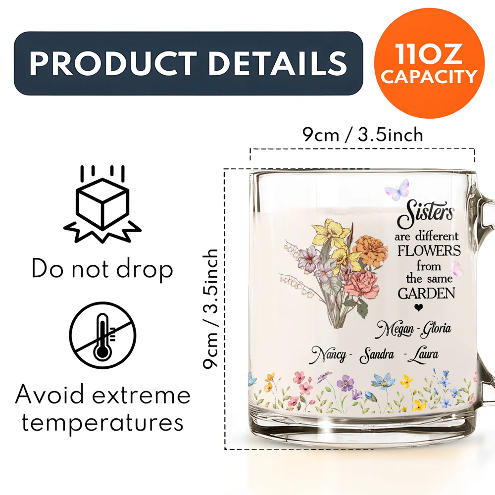 Floral Sisters Forever - Personalized Custom Glass Mug - Image 5