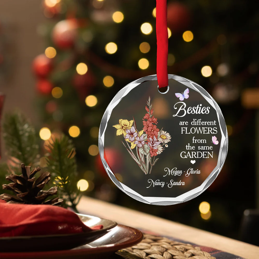 Floral Sisters Forever - Personalized Custom Glass Ornament - Image 3