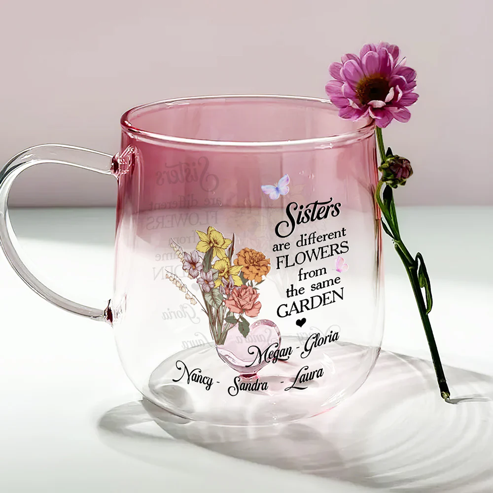 Floral Sisters Forever - Personalized Custom Pink Gradient Glass Mug - Image 3