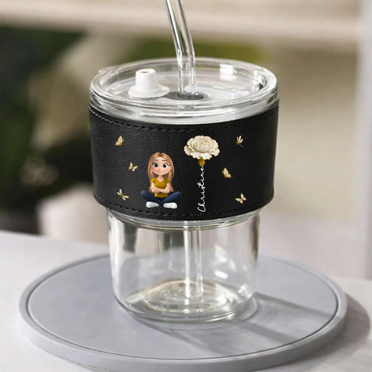 Floral Soul - Personalized Custom Leather Glass Cup - Image 2