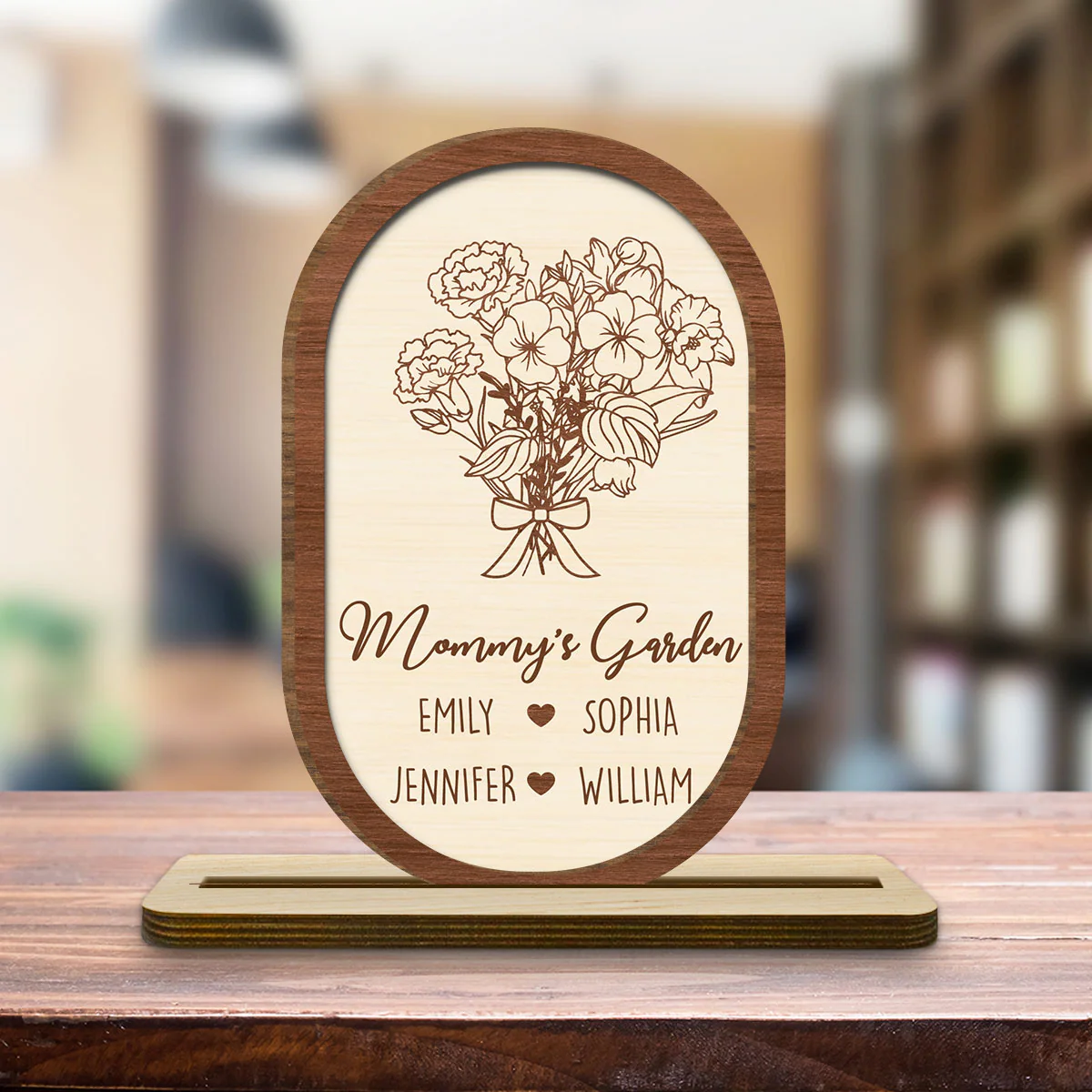 Floral With Family Names - Personalized Custom 2-Layer Wood Plaque With Flat Base - Image 4