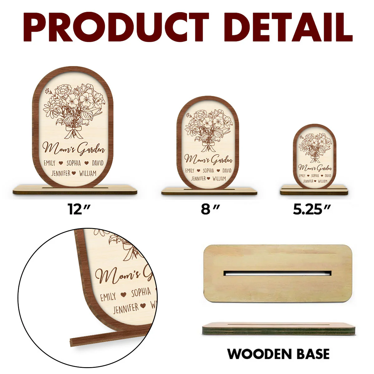 Floral With Family Names - Personalized Custom 2-Layer Wood Plaque With Flat Base - Image 6