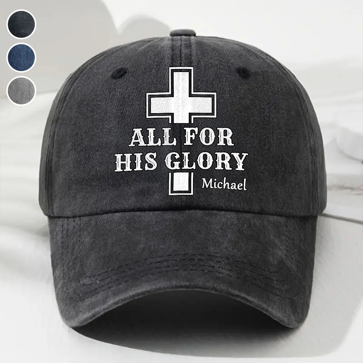 For His Glory - Personalized Custom Vintage Washed Denim Cap