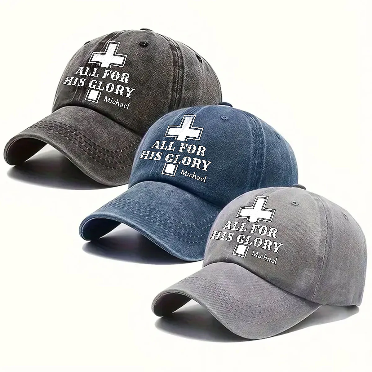 For His Glory - Personalized Custom Vintage Washed Denim Cap - Image 5