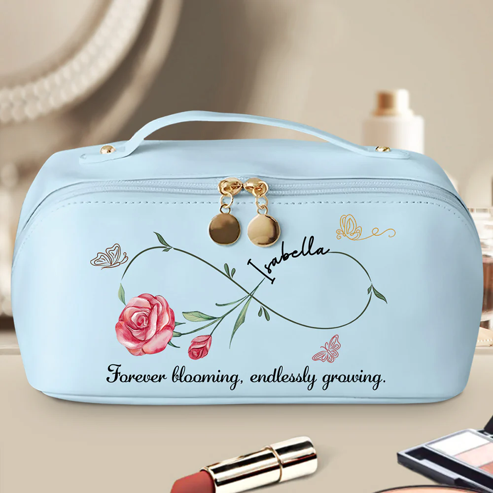 Forever Blooming, Endlessly Growing - Personalized Custom Leather Makeup Bag