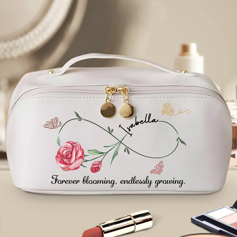 Forever Blooming, Endlessly Growing - Personalized Custom Leather Makeup Bag - Image 2