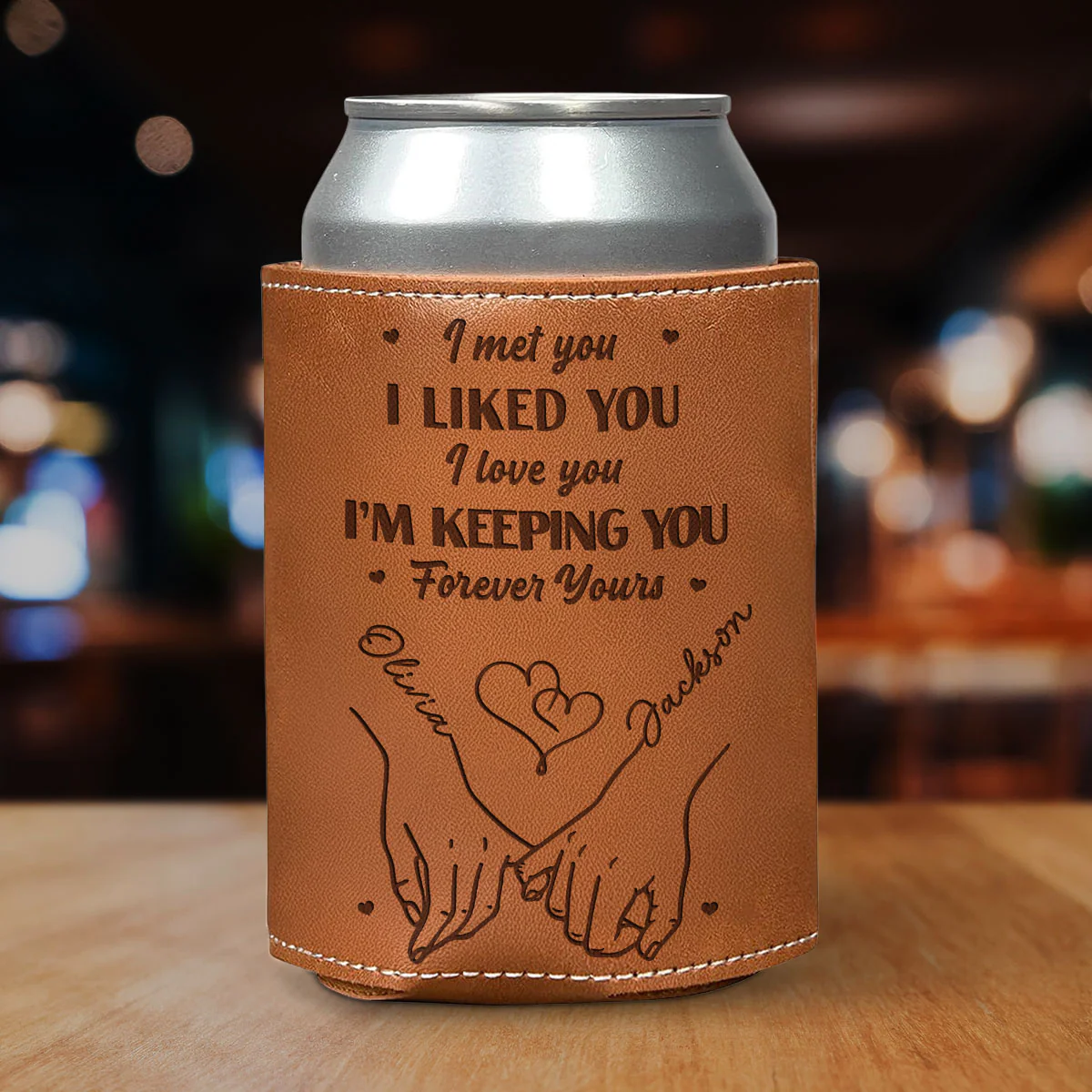 Forever Yours - Personalized Custom Engraved Leather Can Cooler Holder