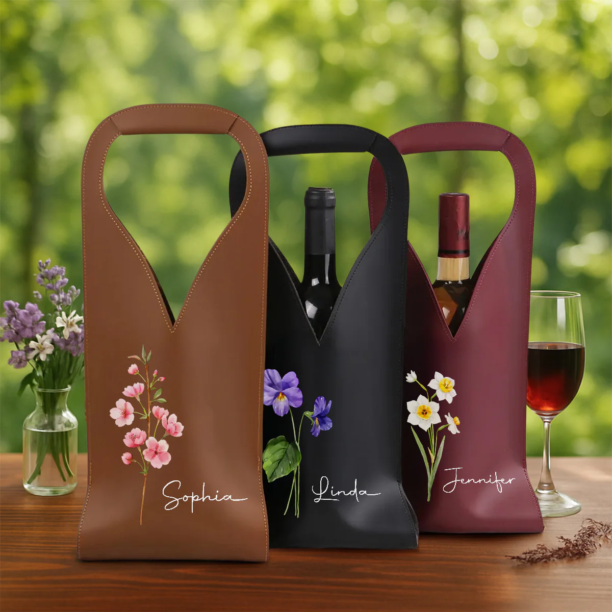 Friends Are Flowers That Never Fade - Personalized Custom Leather Wine Bag - Image 4