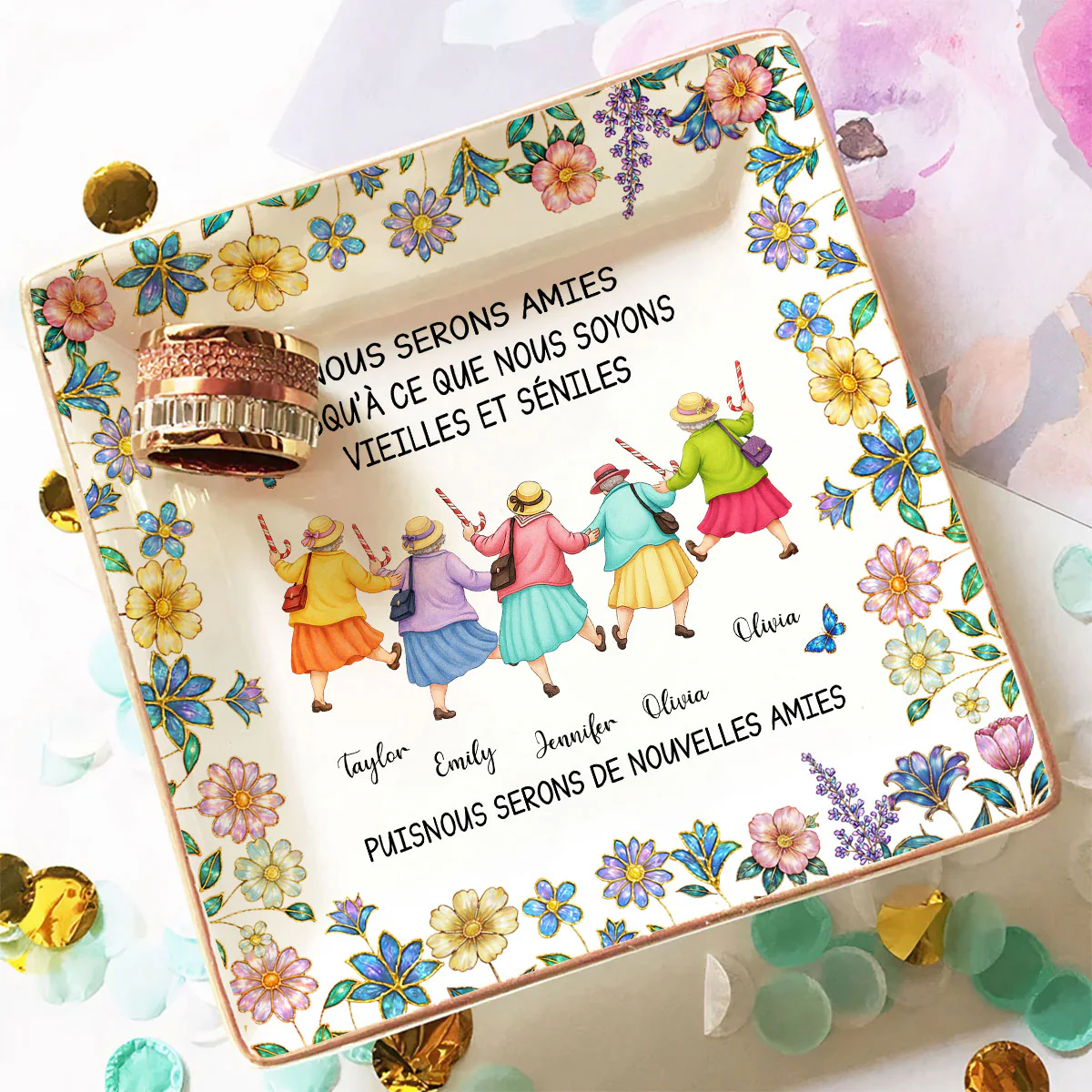 Friends Until We Are Old And Senile French - Personalized Custom Jewelry Dish - Image 4