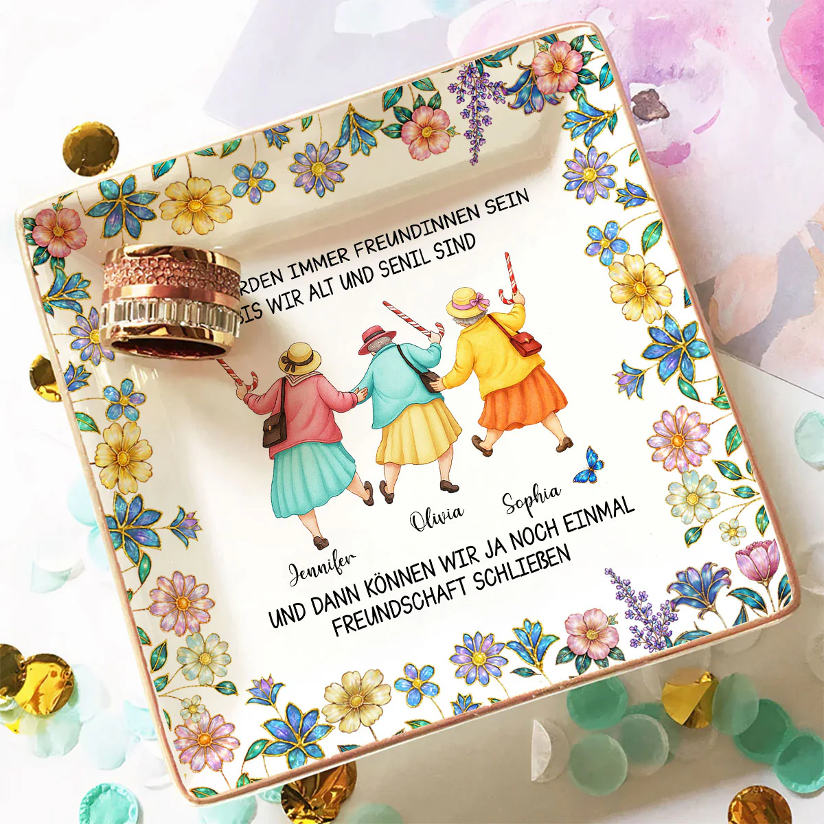 Friends Until We Are Old And Senile German - Personalized Custom Jewelry Dish - Image 2