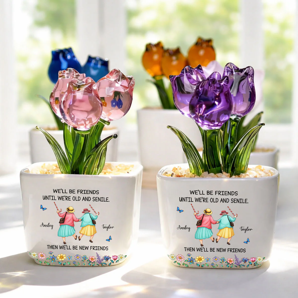 Friends Until We Are Old And Senile - Personalized Custom Glass Everlasting Tulips - Image 3