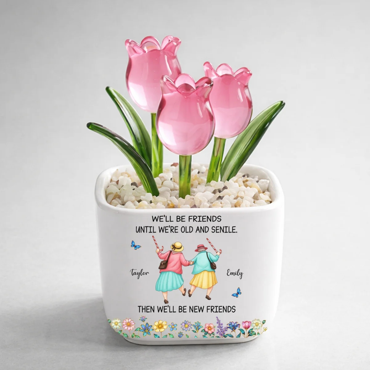 Friends Until We Are Old And Senile - Personalized Custom Glass Everlasting Tulips - Image 7