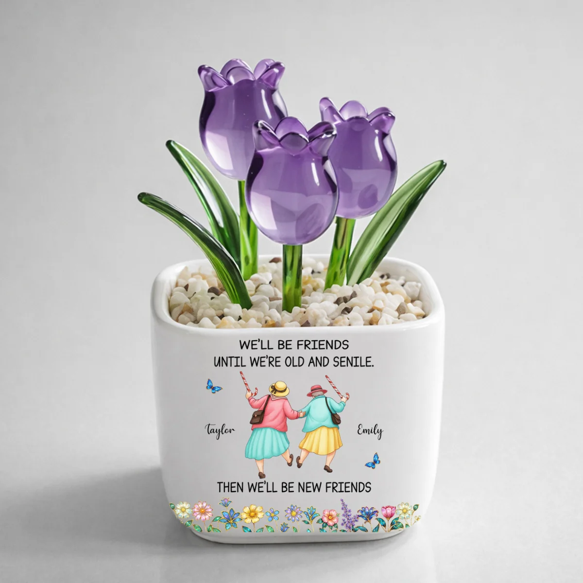 Friends Until We Are Old And Senile - Personalized Custom Glass Everlasting Tulips - Image 8
