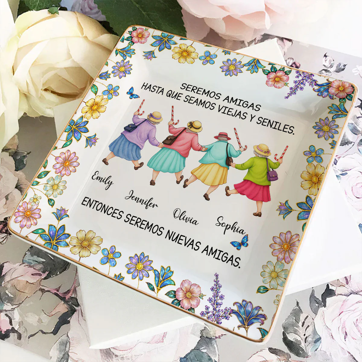 Friends Until We Are Old And Senile Spanish - Personalized Custom Jewelry Dish - Image 3