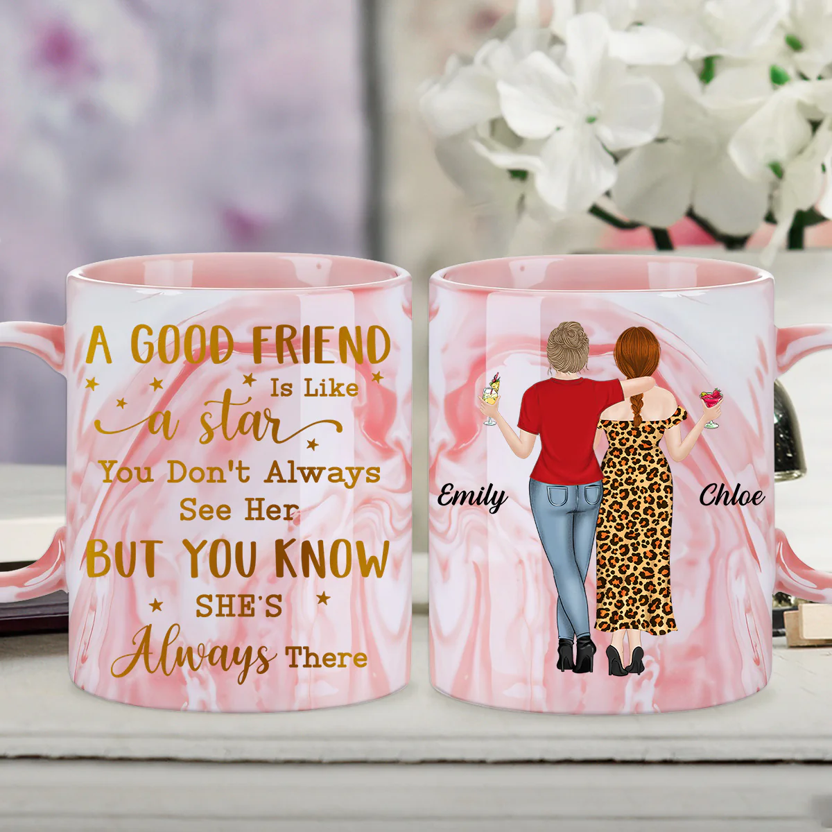 Friends We Never Walk Alone - Personalized Custom Pink Marble Mug - Image 2
