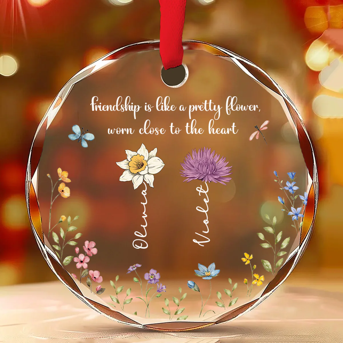 Friendship Blooms Where Hearts Connect - Personalized Custom Glass Ornament - Image 2