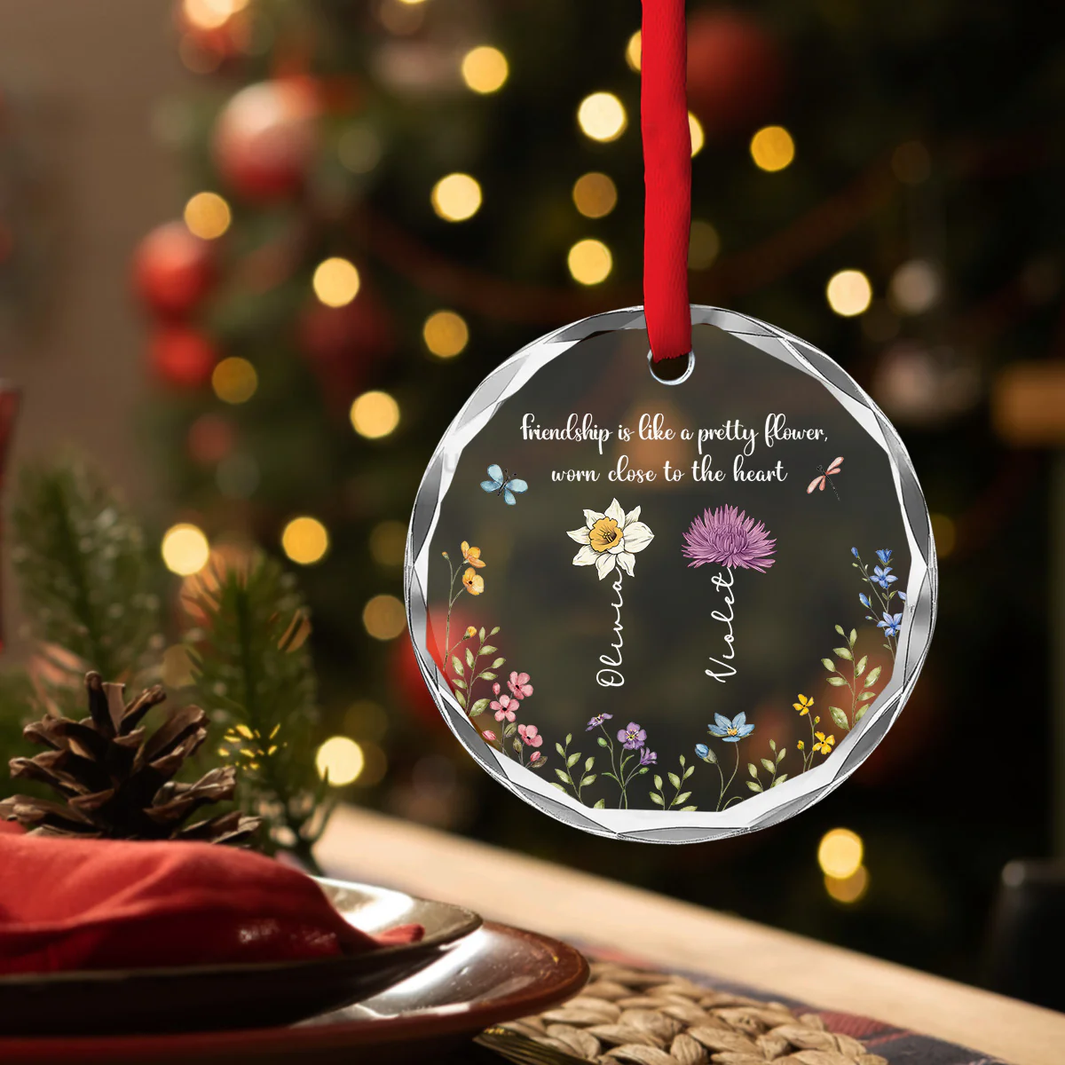 Friendship Blooms Where Hearts Connect - Personalized Custom Glass Ornament - Image 5