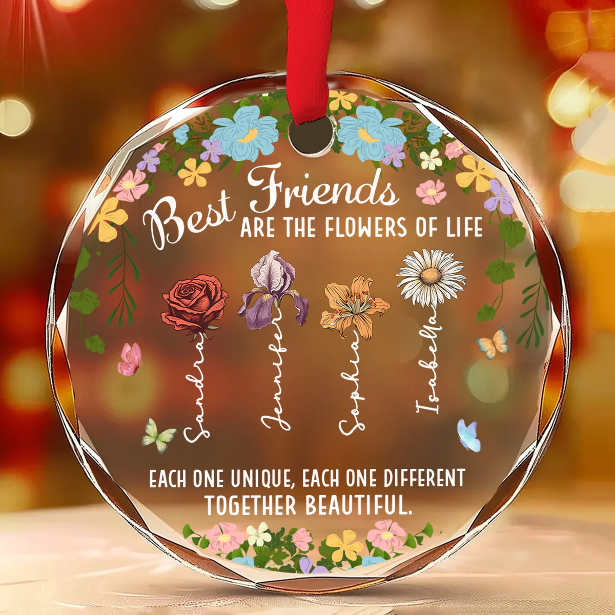 Friendship Blossoms In Every Heart - Personalized Custom Glass Ornament - Image 2