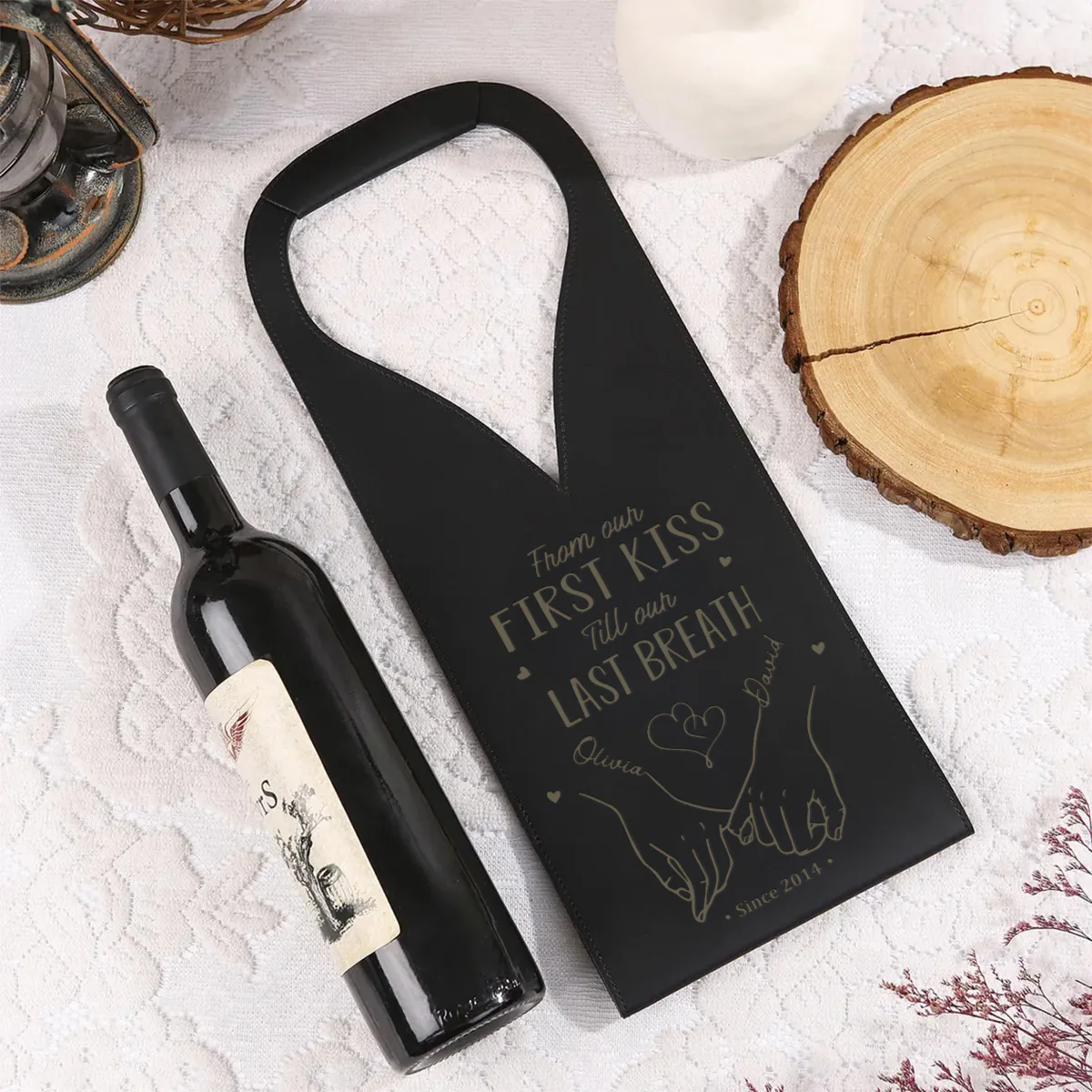 From Our First Kiss Till Our Last Breath - Personalized Custom Engraved Leather Wine Bag - Image 2