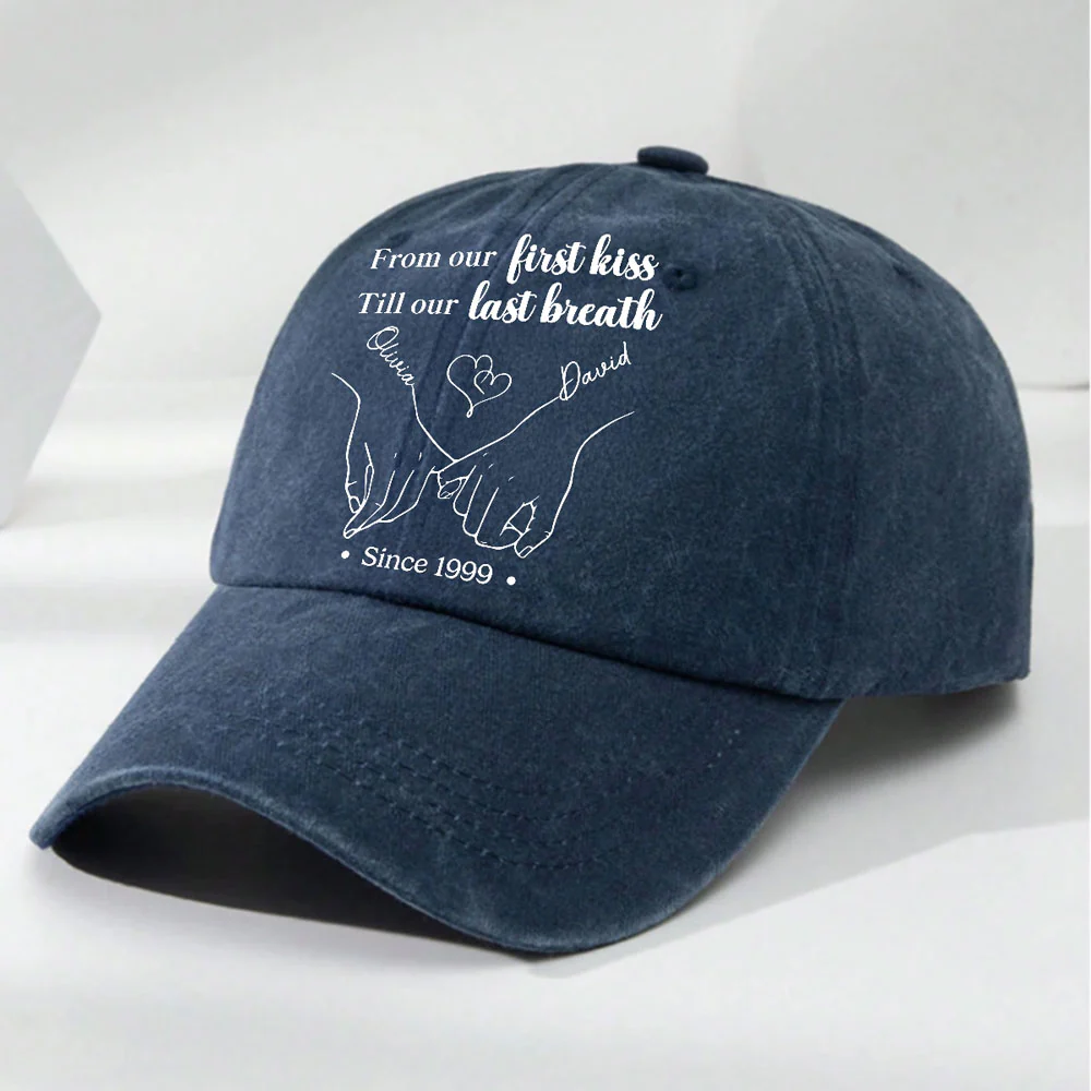 From Our First Kiss Till The Last - Personalized Custom Vintage Washed Denim Cap - Image 2
