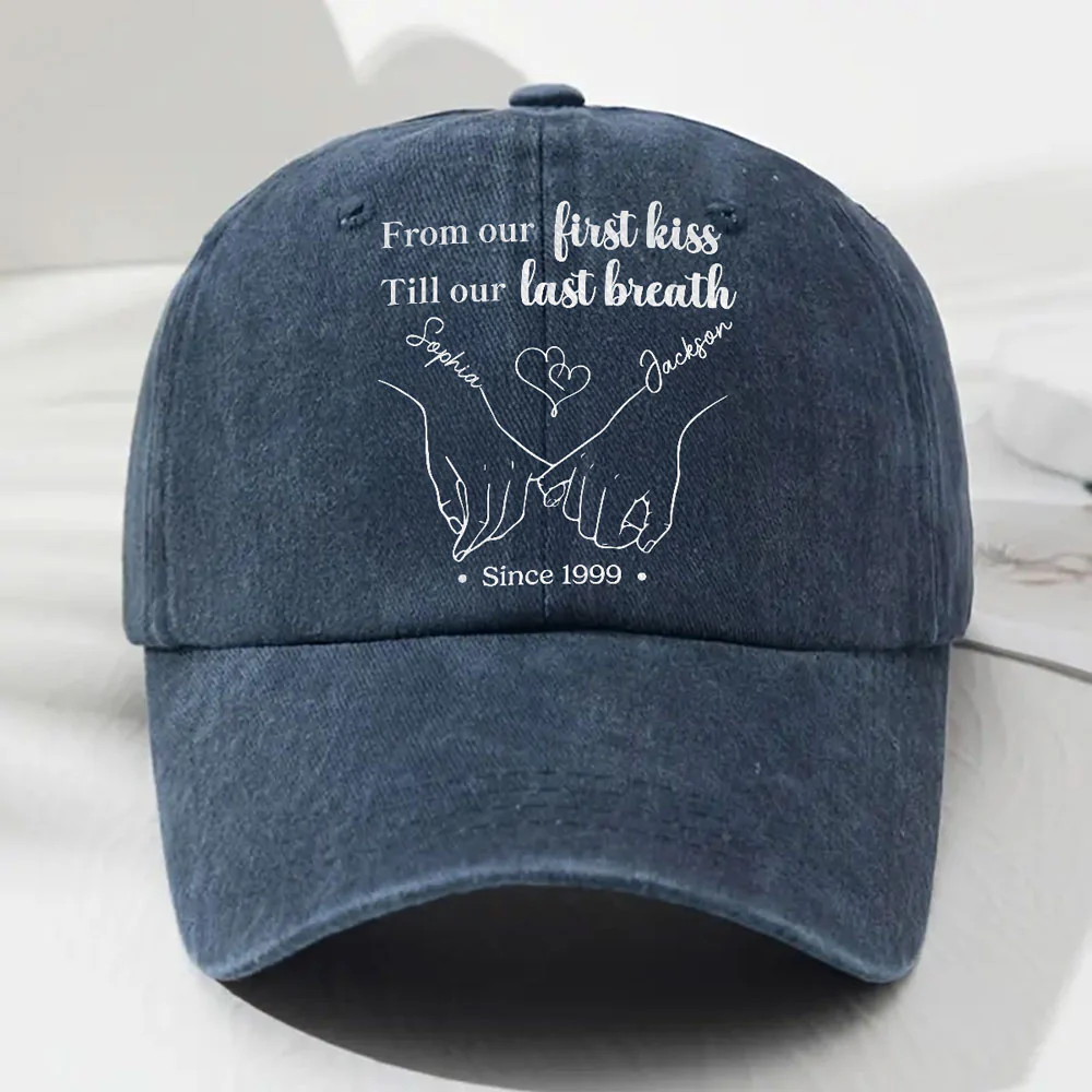 From Our First Kiss Till The Last - Personalized Custom Vintage Washed Denim Cap - Image 3
