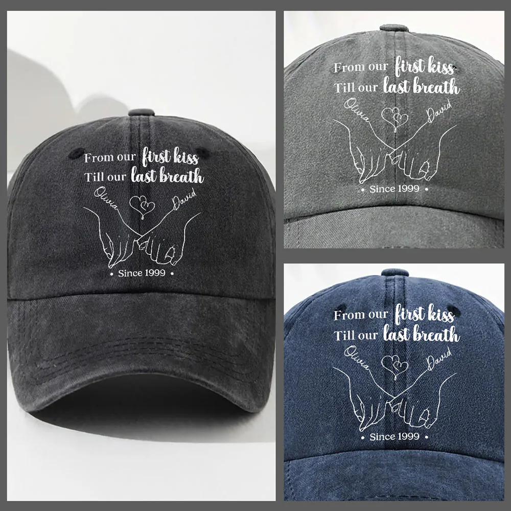 From Our First Kiss Till The Last - Personalized Custom Vintage Washed Denim Cap - Image 5