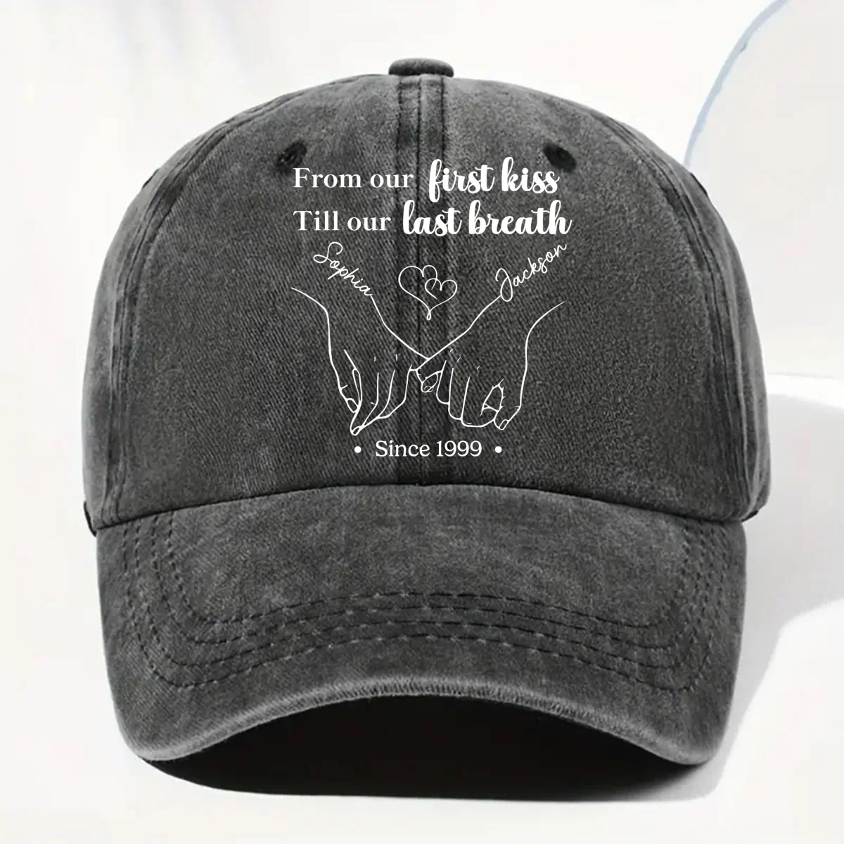 From Our First Kiss Till The Last - Personalized Custom Vintage Washed Denim Cap - Image 7