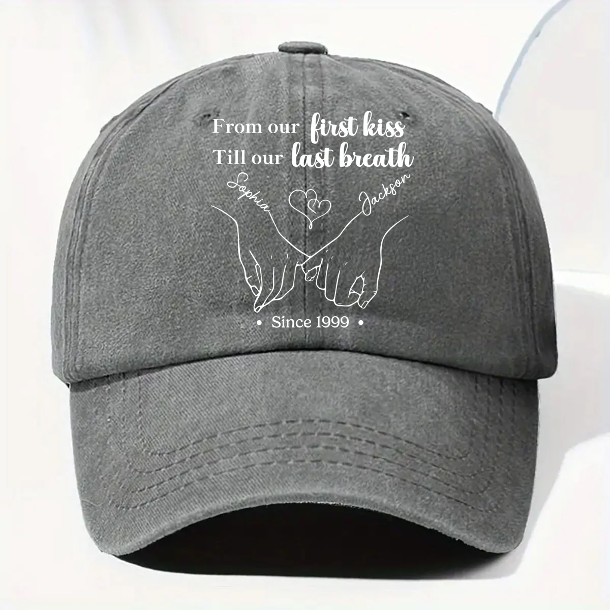 From Our First Kiss Till The Last - Personalized Custom Vintage Washed Denim Cap - Image 8