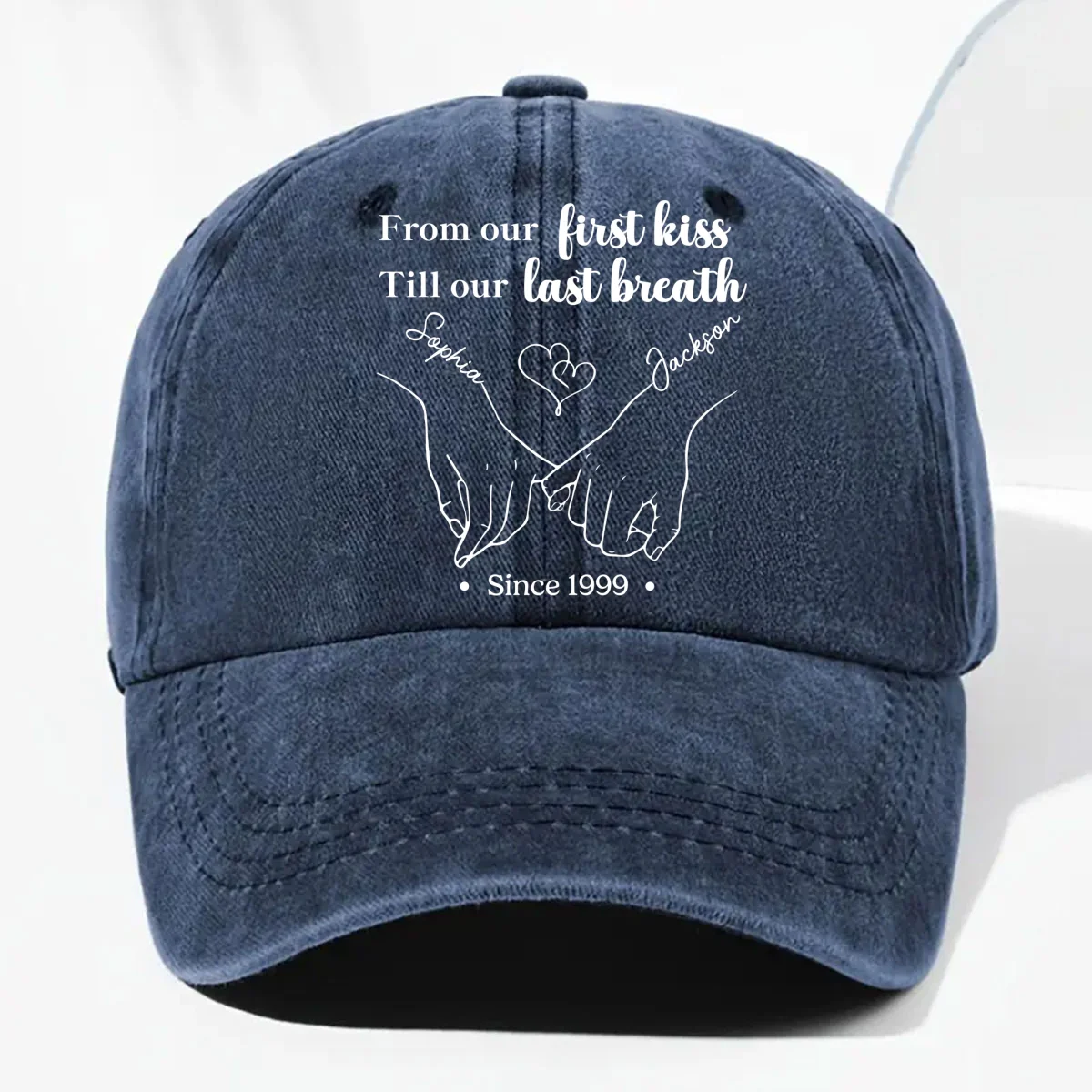 From Our First Kiss Till The Last - Personalized Custom Vintage Washed Denim Cap - Image 9