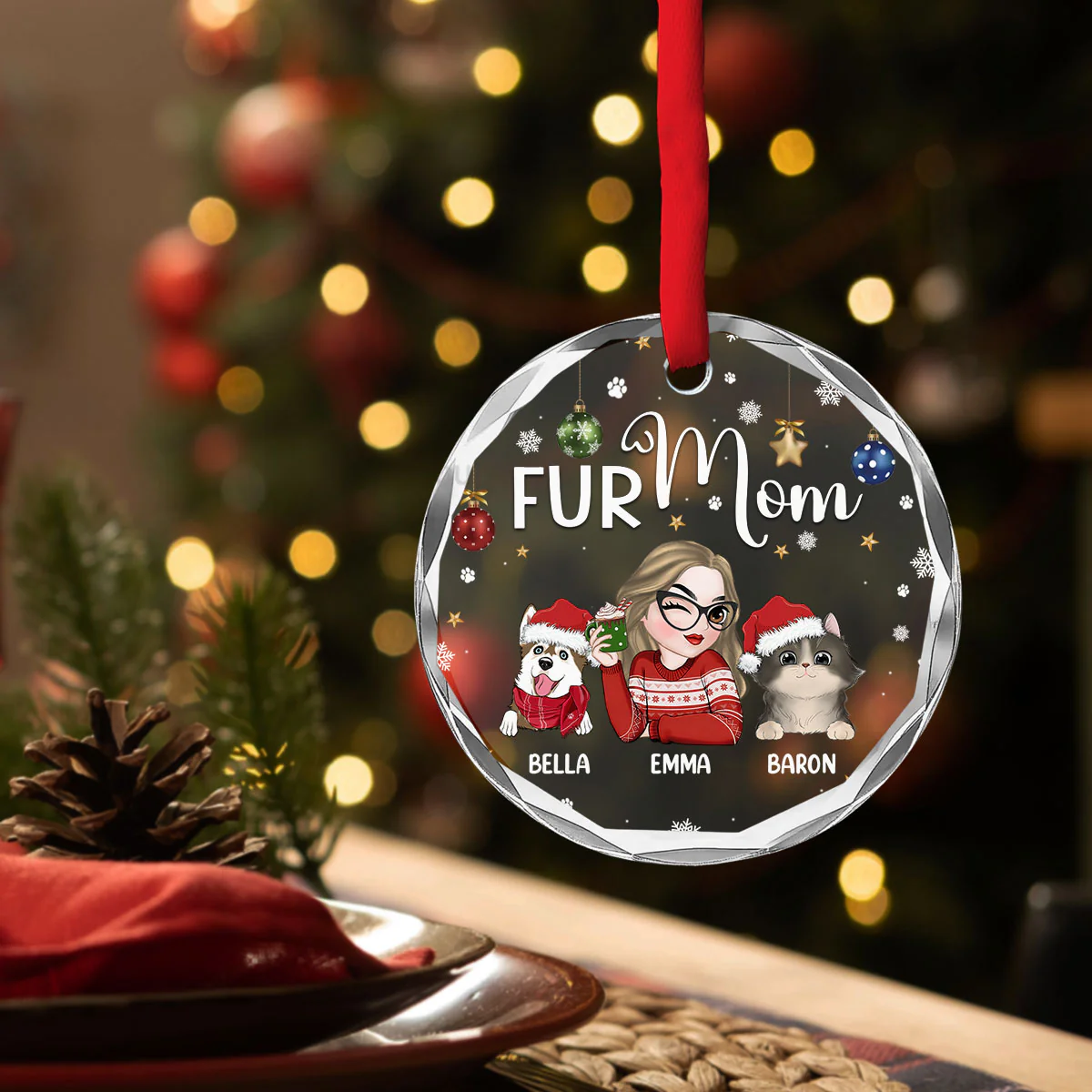Fur Mom - Personalized Custom Glass Ornament - Image 3
