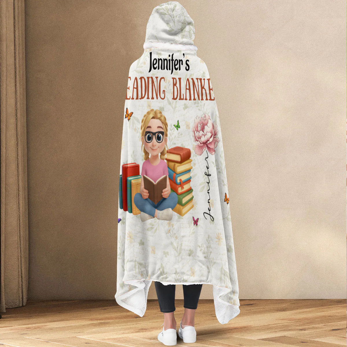 Girl Loves Books - Personalized Custom Hooded Blanket - Image 4