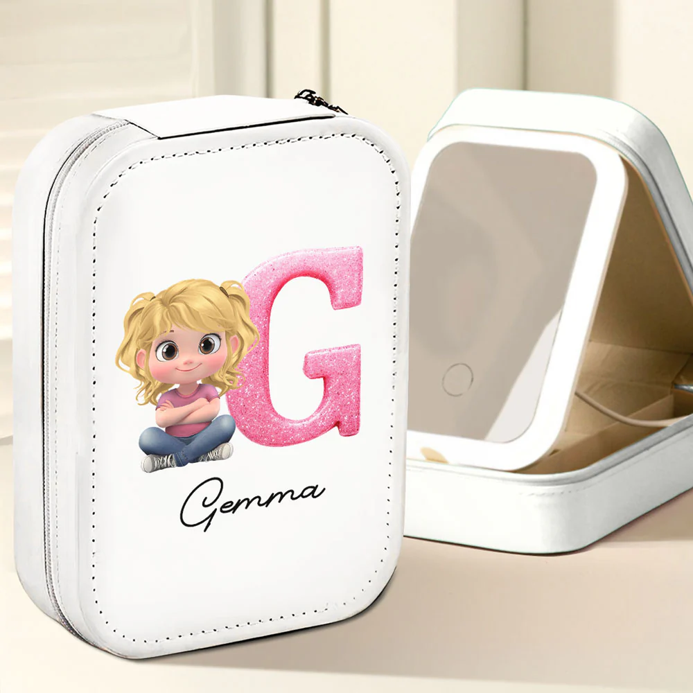 Glitter Alphabet Cartoon - Personalized Custom Jewelry Box With LED Mirror