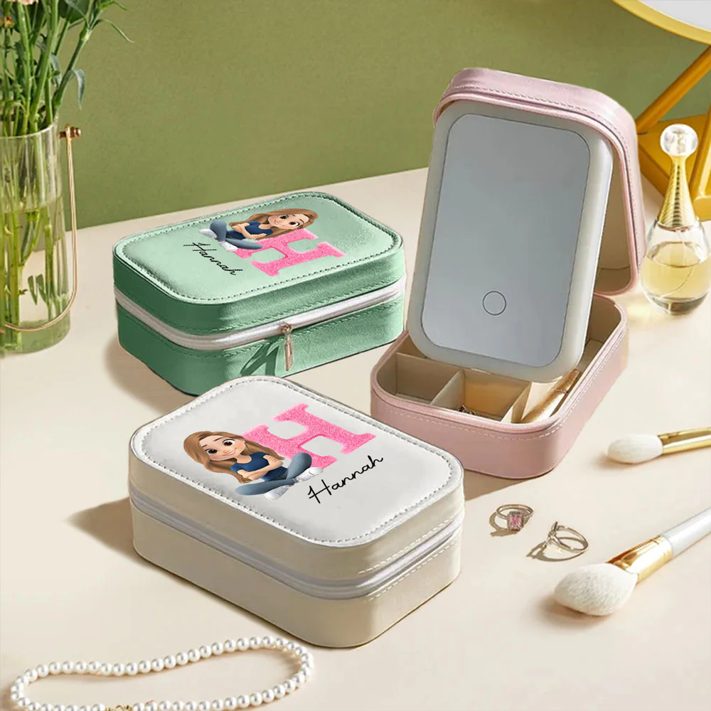 Glitter Alphabet Cartoon - Personalized Custom Jewelry Box With LED Mirror - Image 4