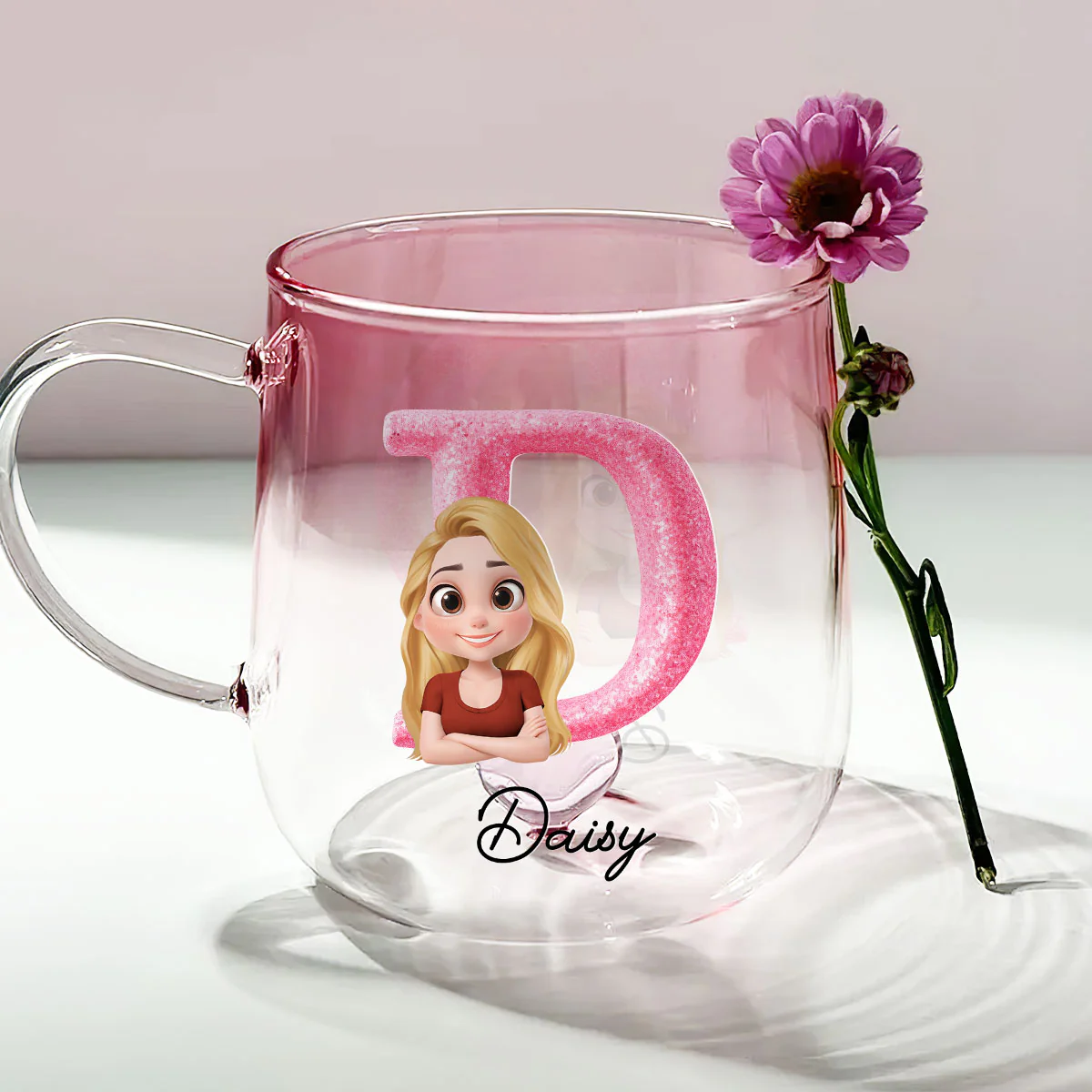 Glitter Alphabet Cartoon - Personalized Custom Pink Gradient Glass Mug - Image 2