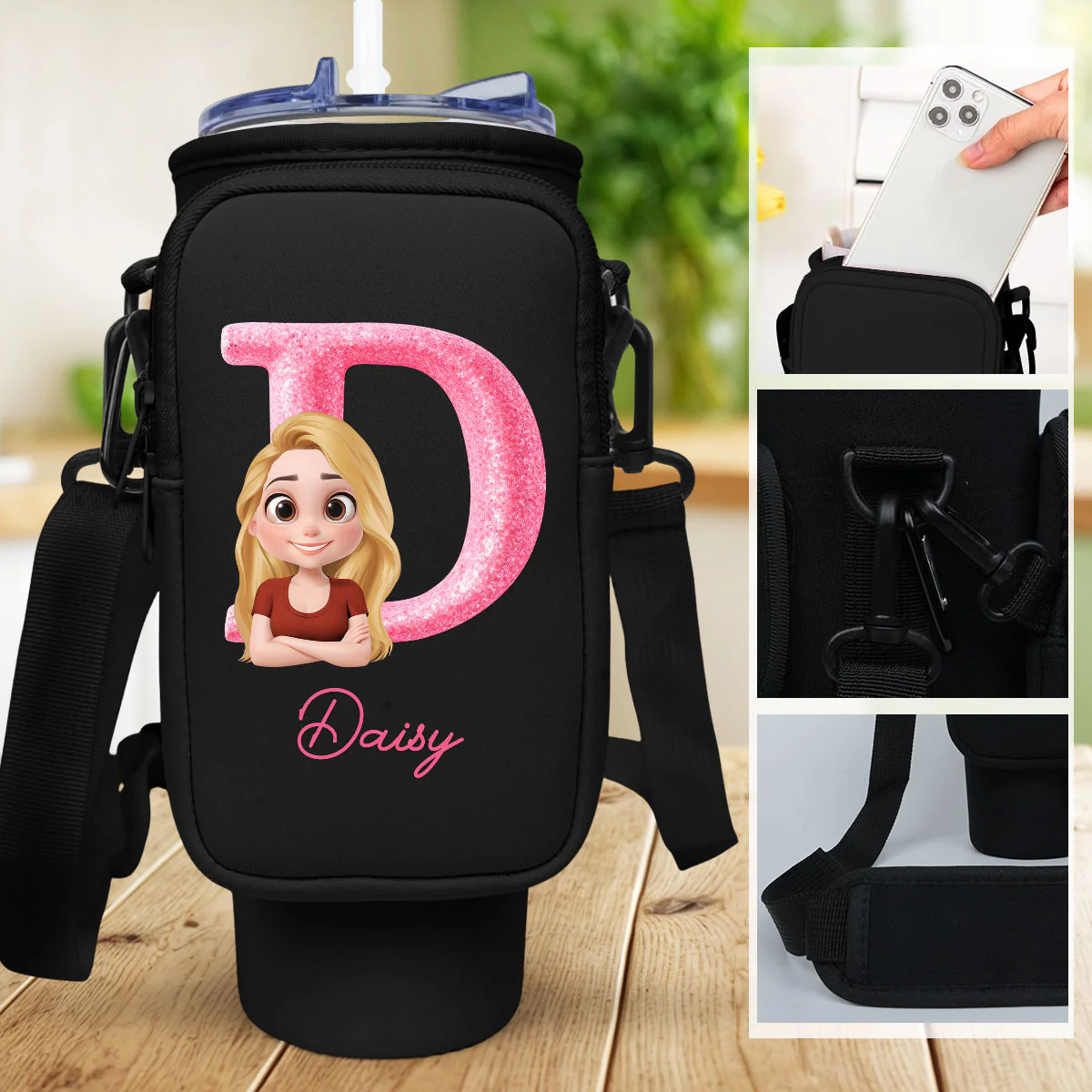 Glitter Alphabet Cartoon - Personalized Custom Water Bottle Carrier Bag - Image 2